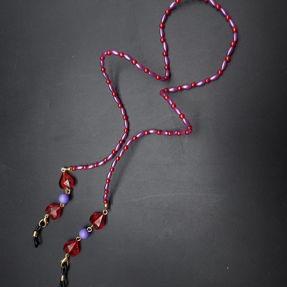 Red Hat Society EyeGlass Chains Purple Red Heart Charms Faux Pearl NOS - Picture 5 of 10